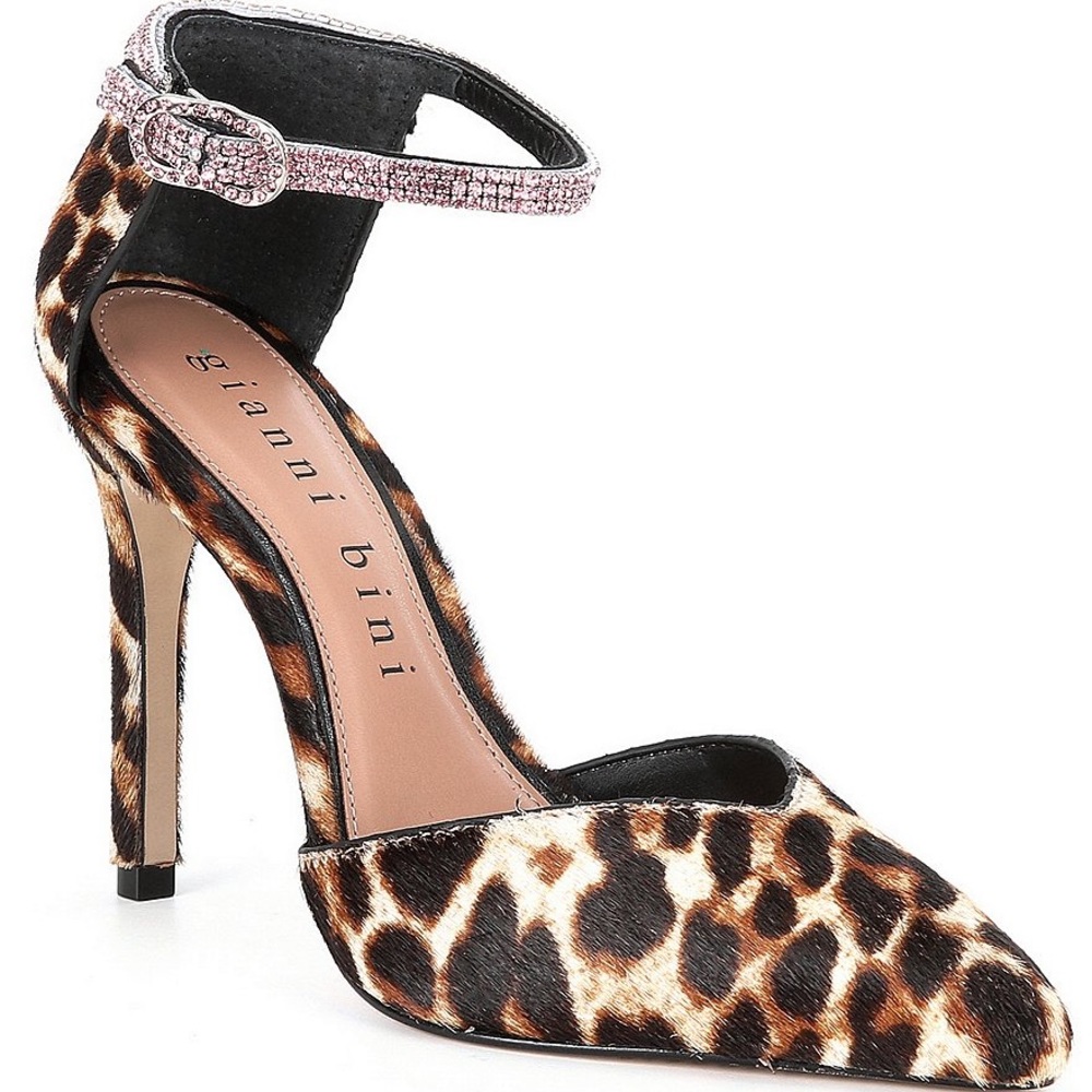 Gianni Bini Jesika Leopard Print Calf Hair Bling Ankle Strap Pumps sz 6 M - Picture 2 of 11